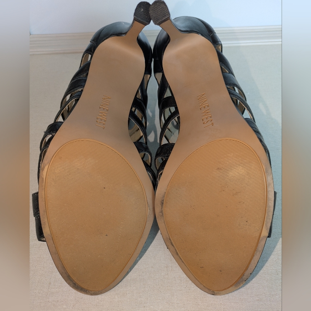Nine West NWFLORA Black Leather Strappy Heels Stiletto Sandals Size 9 - Picture 6 of 8
